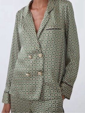 Zara Green Geo-Print Double-Breasted Blazer